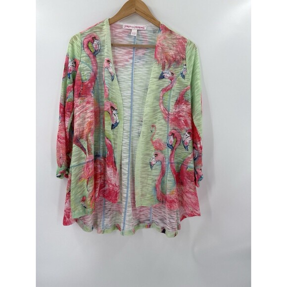 LEOMA LOVEGROVE Wearable Art Flamingos Open Front Cardigan Sweater-SMALL  EUC - Picture 5 of 13